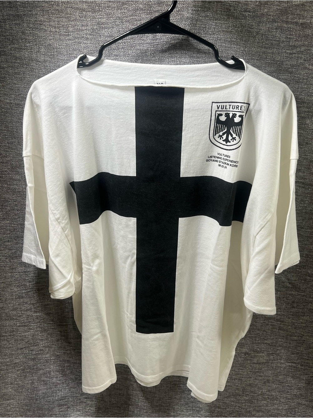 Yeezy White Oversized Tee with Black Cross Graphic
